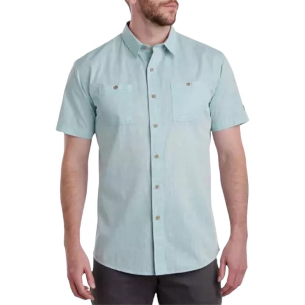 Kuhl Men's Medium Karib Stripe Button Up Short Sleeve Shirt Hiking Outdoor Mint